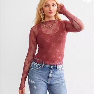 NWT FREE PEOPLE Lady Lux Sheer Layering Top - Venetian Red, XL